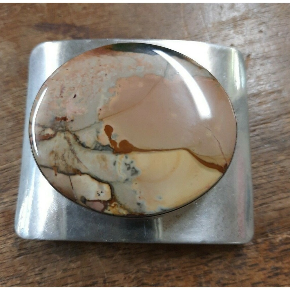 Vintage OOAK Sterling Silver Oregon Picture Jasper Mountain Belt Buckle 1970s